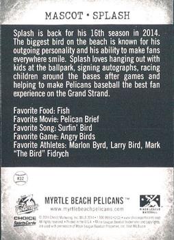 2014 Choice Myrtle Beach Pelicans #32 Splash Pelican Back