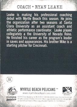 2014 Choice Myrtle Beach Pelicans #34 Ryan Leake Back