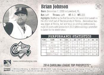 2014 Choice Carolina League Top Prospects #16 Brian Johnson Back