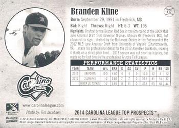 2014 Choice Carolina League Top Prospects #17 Branden Kline Back