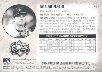 2014 Choice Carolina League Top Prospects #19 Adrian Marin Back