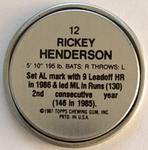 1987 Topps Coins #12 Rickey Henderson Back