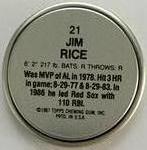 1987 Topps Coins #21 Jim Rice Back