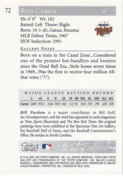 2003 Topps Gallery Hall of Fame - Artist's Proofs #72 Rod Carew Back