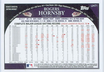 2009 Topps Updates & Highlights #UH71 Rogers Hornsby Back