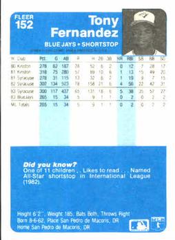 1984 Fleer Rookie Tony Fernandez Blue Jays #152 Signed Card