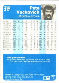 1984 Fleer #217 Pete Vuckovich Back