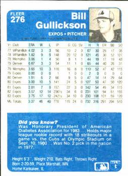 1984 Fleer #276 Bill Gullickson Back