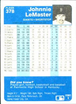1984 Fleer #378 Johnnie LeMaster Back