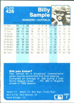1984 Fleer #426 Billy Sample Back