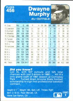 1984 Fleer #456 Dwayne Murphy Back