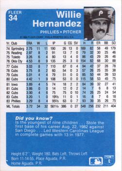 1984 Fleer #34 Willie Hernandez Back