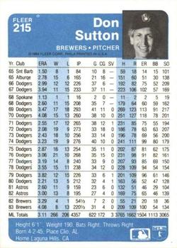 1984 Fleer #215 Don Sutton Back