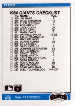 1984 Fleer #648 Checklist: Phillies / Giants Back