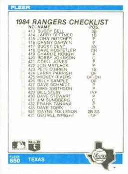 1984 Fleer #650 Checklist: Tigers / Rangers Back