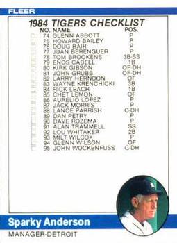 1984 Fleer #650 Checklist: Tigers / Rangers Front