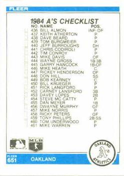 1984 Fleer #651 Checklist: Dodgers / A's Back