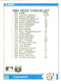 1984 Fleer #652 Checklist: Yankees / Reds Back