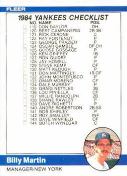 1984 Fleer #652 Checklist: Yankees / Reds Front