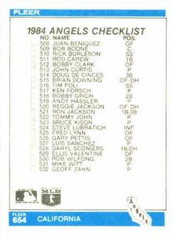 1984 Fleer #654 Checklist: Braves / Angels Back