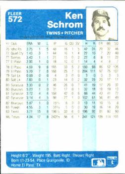 1984 Fleer #572 Ken Schrom Back