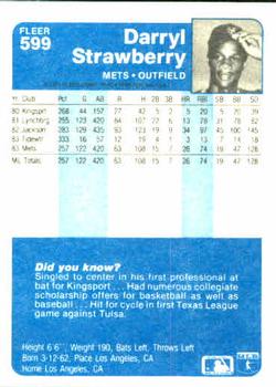 1984 Fleer #599 Darryl Strawberry Back