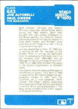 1984 Fleer #643 Joe Altobelli / Paul Owens Back