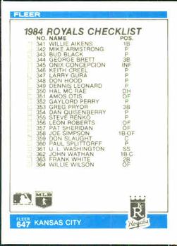 1984 Fleer #647 Checklist: Orioles / Royals Back