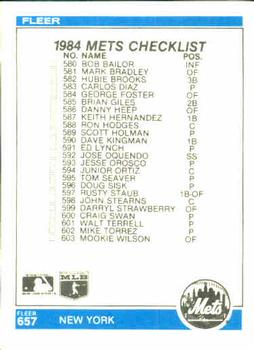 1984 Fleer #657 Checklist: Pirates / Mets Back
