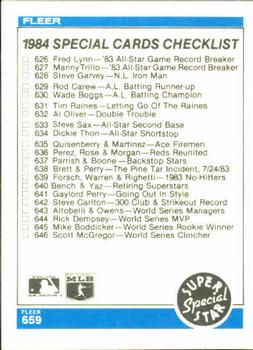 1984 Fleer #659 Checklist: Padres / Special Cards Back