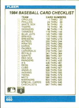 1984 Fleer #660 Checklist: Cardinals / Teams Back