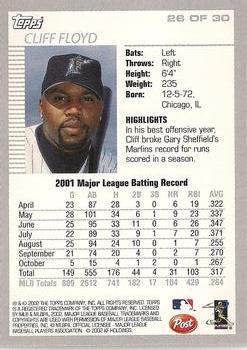 2002 Topps Post Cereal #26 Cliff Floyd Back