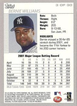 2002 Topps Post Cereal #3 Bernie Williams Back
