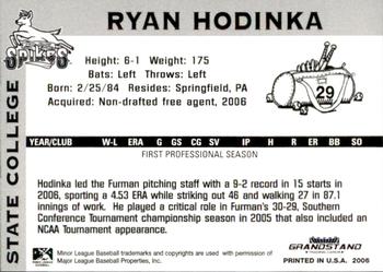 2006 Grandstand State College Spikes #NNO Ryan Hodinka Back