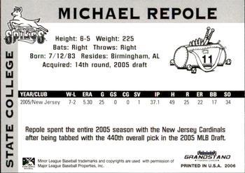 2006 Grandstand State College Spikes #NNO Michael Repole Back