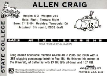 2006 Grandstand State College Spikes #NNO Allen Craig Back