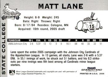2006 Grandstand State College Spikes #NNO Matt Lane Back
