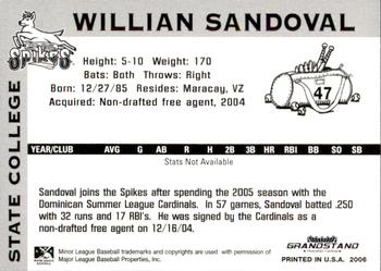 2006 Grandstand State College Spikes #NNO Willian Sandoval Back
