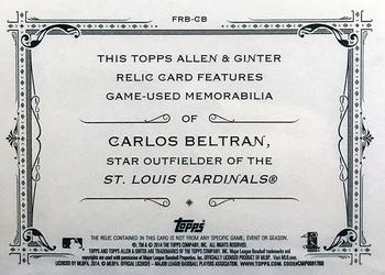 2014 Topps Allen & Ginter - Relics #FRB-CB Carlos Beltran Back