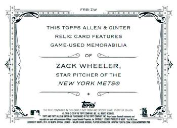2014 Topps Allen & Ginter - Relics #FRB-ZW Zack Wheeler Back