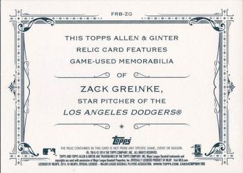 2014 Topps Allen & Ginter - Relics #FRB-ZG Zack Greinke Back