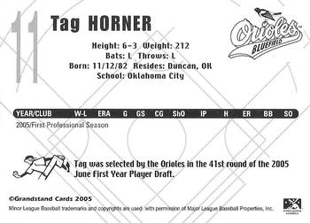 2005 Grandstand Bluefield Orioles #10 Tag Horner Back