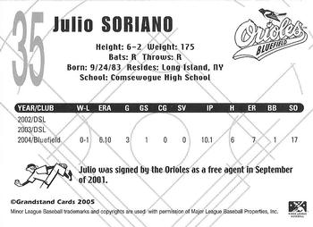 2005 Grandstand Bluefield Orioles #12 Julio Soriano Back