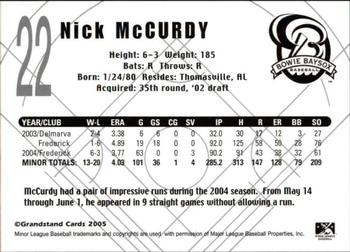2005 Grandstand Bowie Baysox #NNO Nick McCurdy Back
