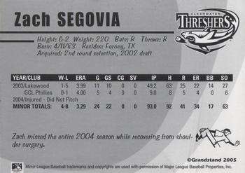 2005 Grandstand Clearwater Threshers #NNO Zack Segovia Back