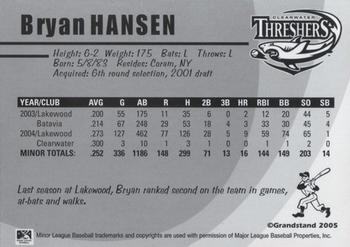 2005 Grandstand Clearwater Threshers #NNO Bryan Hansen Back