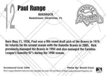 2005 Grandstand Danville Braves #NNO Paul Runge Back