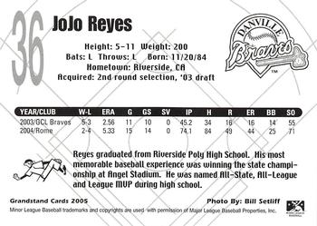 2005 Grandstand Danville Braves #NNO JoJo Reyes Back