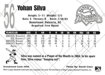 2005 Grandstand Danville Braves #NNO Yohan Silva Back