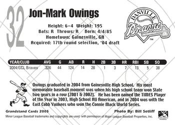 2005 Grandstand Danville Braves #NNO Jon-Mark Owings Back